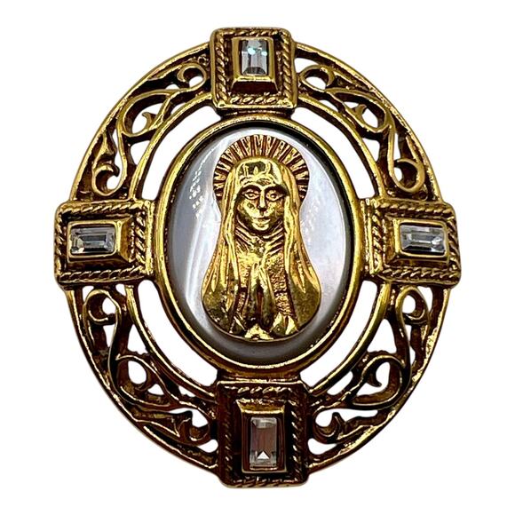 Vintage Vatican Library Mother of Pearl Mary Brooch Baguette Rhinestone Jewelry - Picture 1 of 8